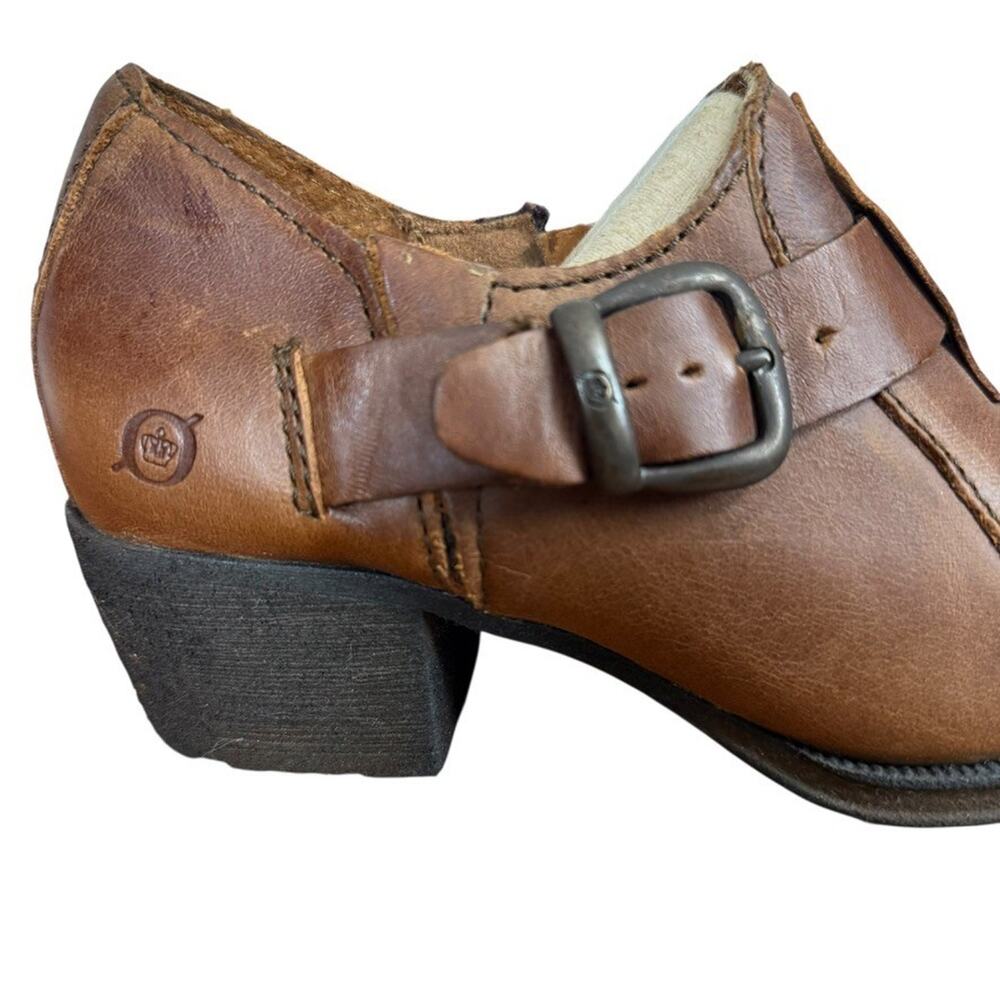 Born Brown Leather Chunky Block Heel Ankle Booties Boots Shoes Buckle Strap 7.5 - Picture 12 of 16